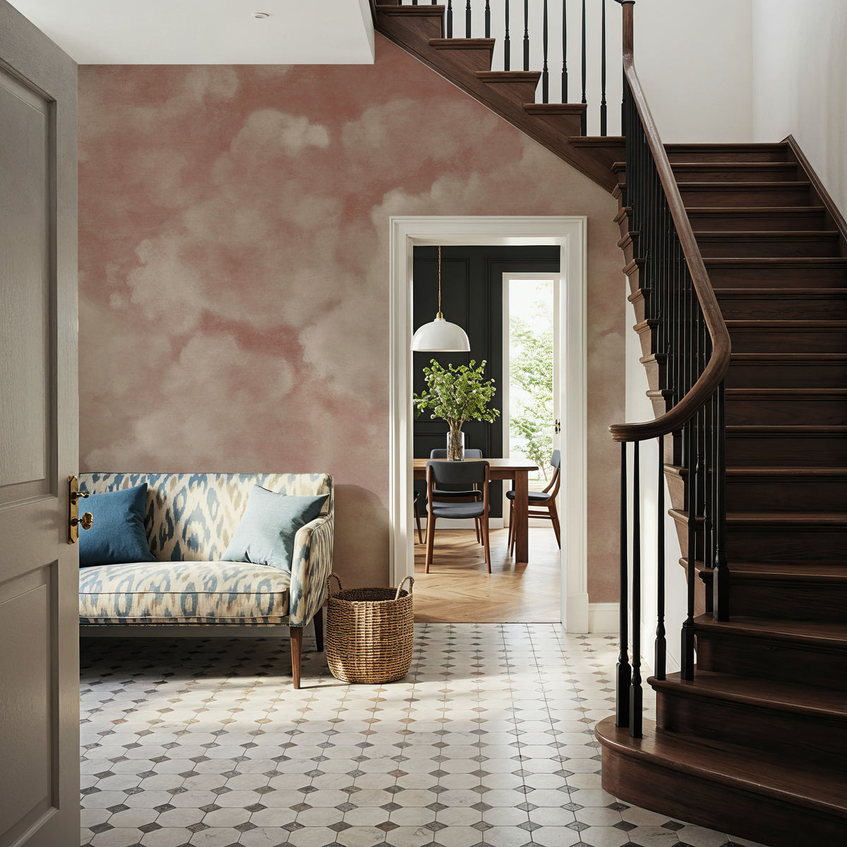 Painted Dreamy Clouds, Dusty Rose Mural Wallpaper - room preview 06