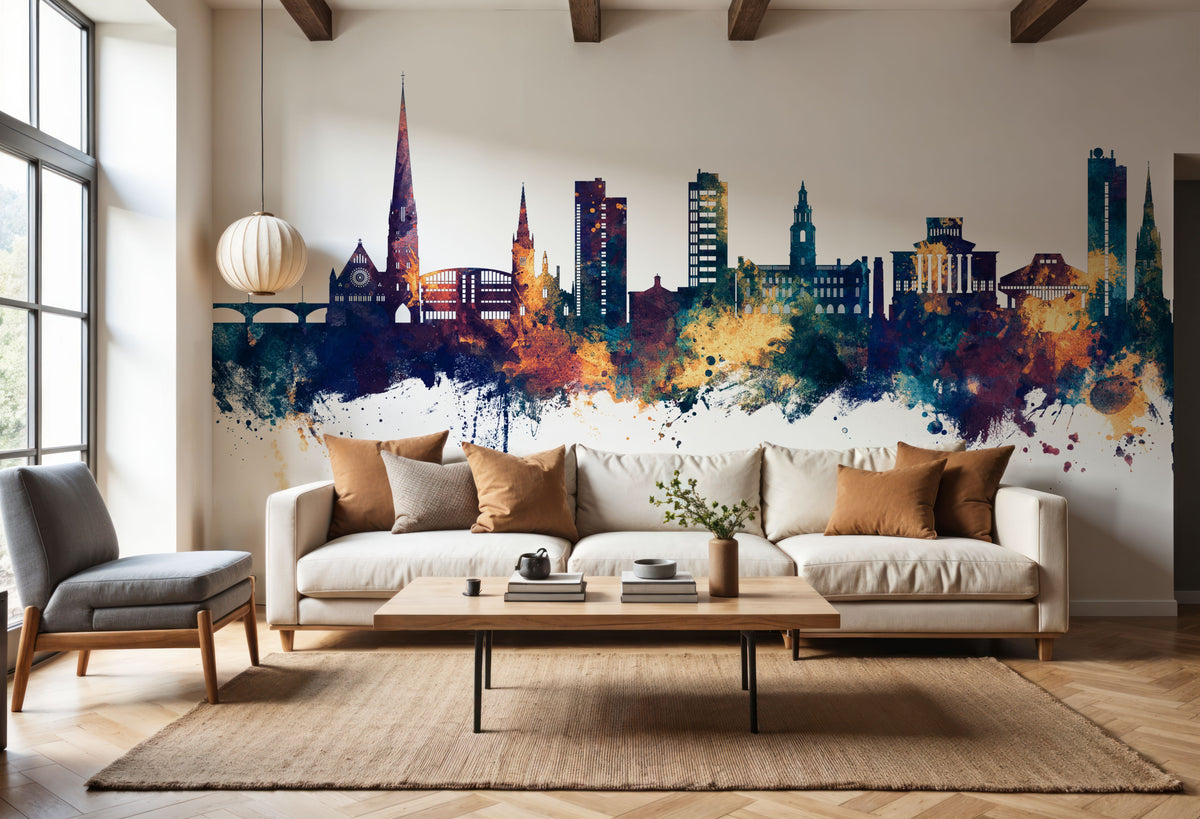 Preston England Skyline Blue & Bronze Mural Wallpaper - room preview 06
