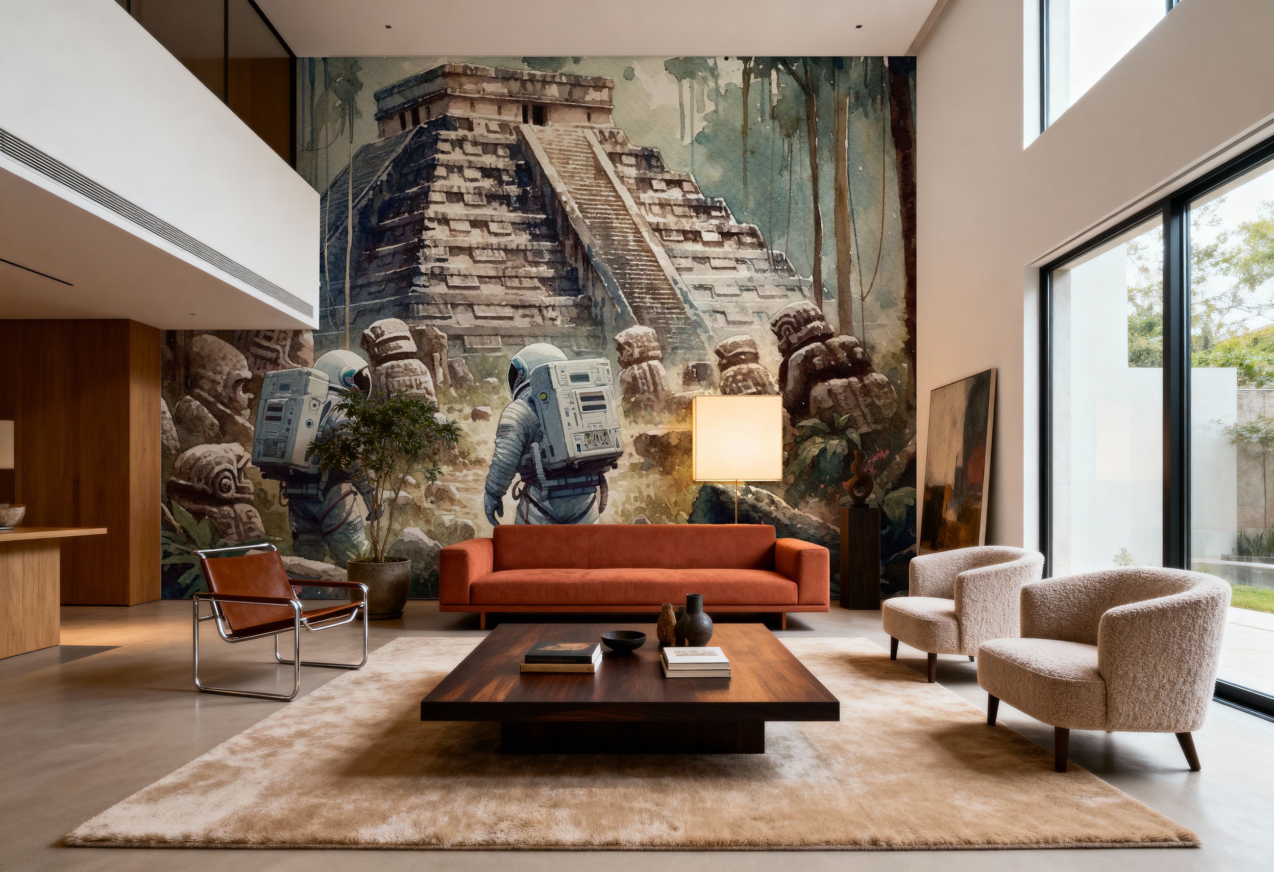 Astronauts Exploring Ancient Pyramid Ruins Mural Wallpaper