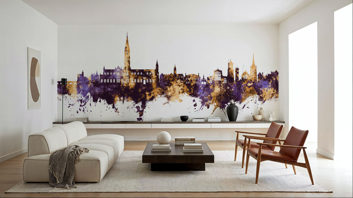 Salisbury England Skyline Purpl & Gold Mural Wallpaper - room preview 06
