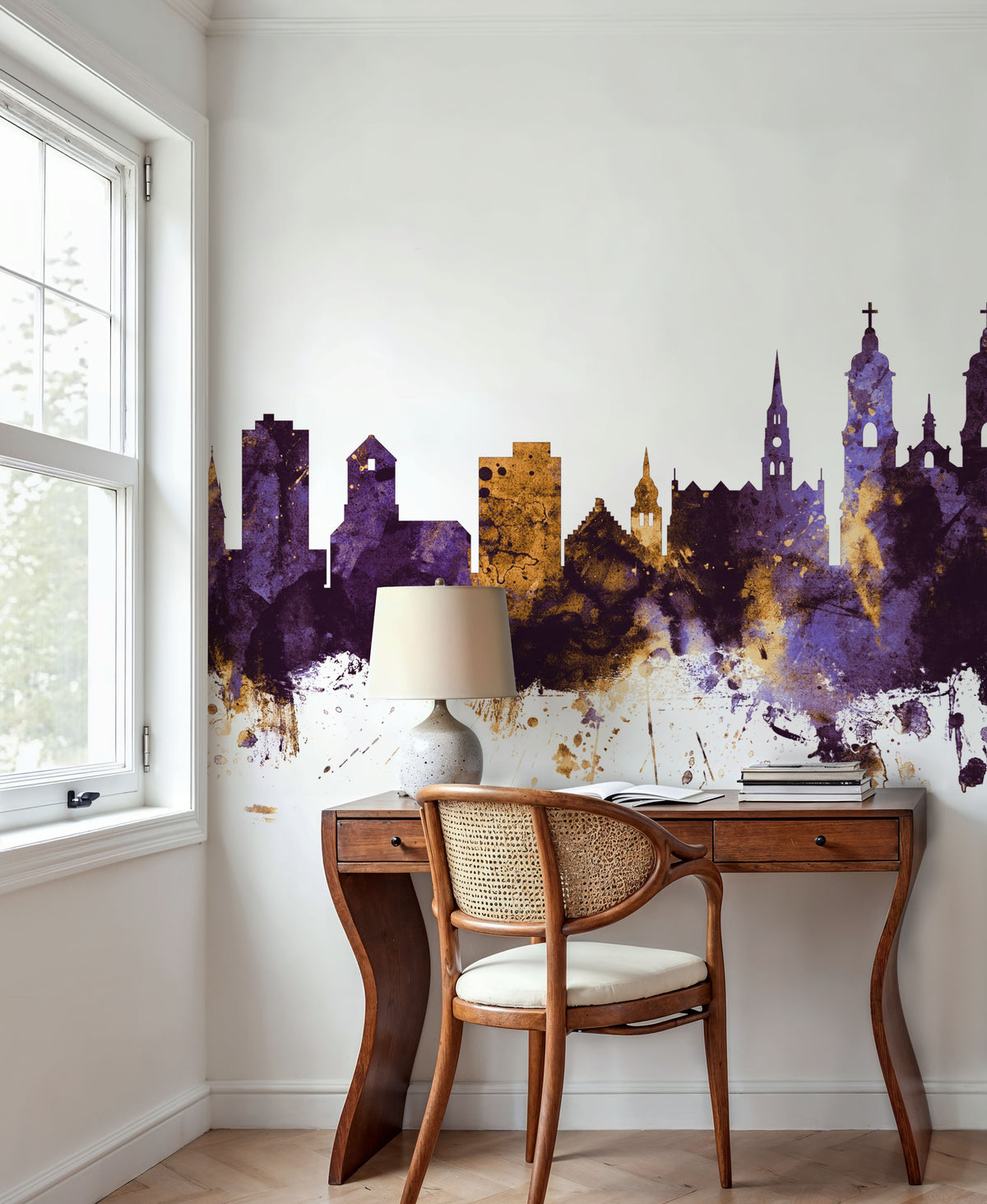 St Gallen Switzerland Skyline Purple & Gold Mural Wallpaper - room preview 06