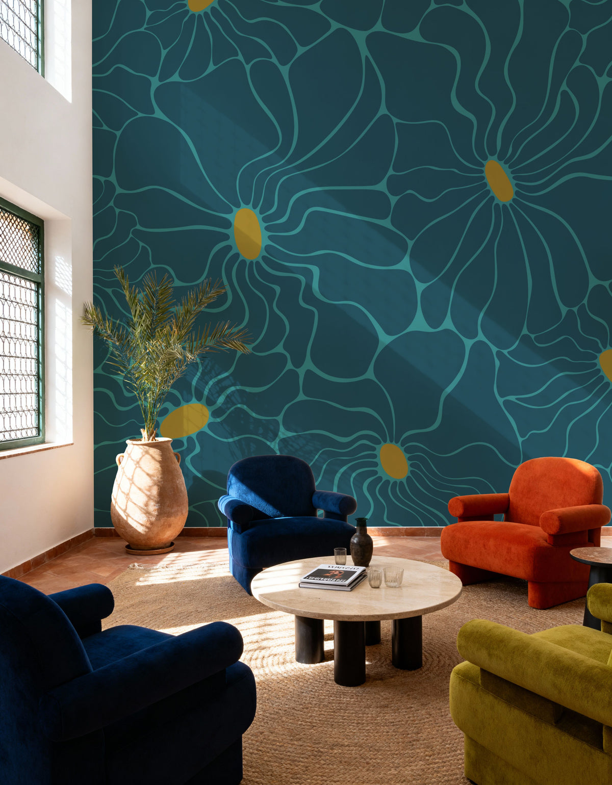Cool Fluid Flowers Mural, Teal Mural Wallpaper - room preview 06