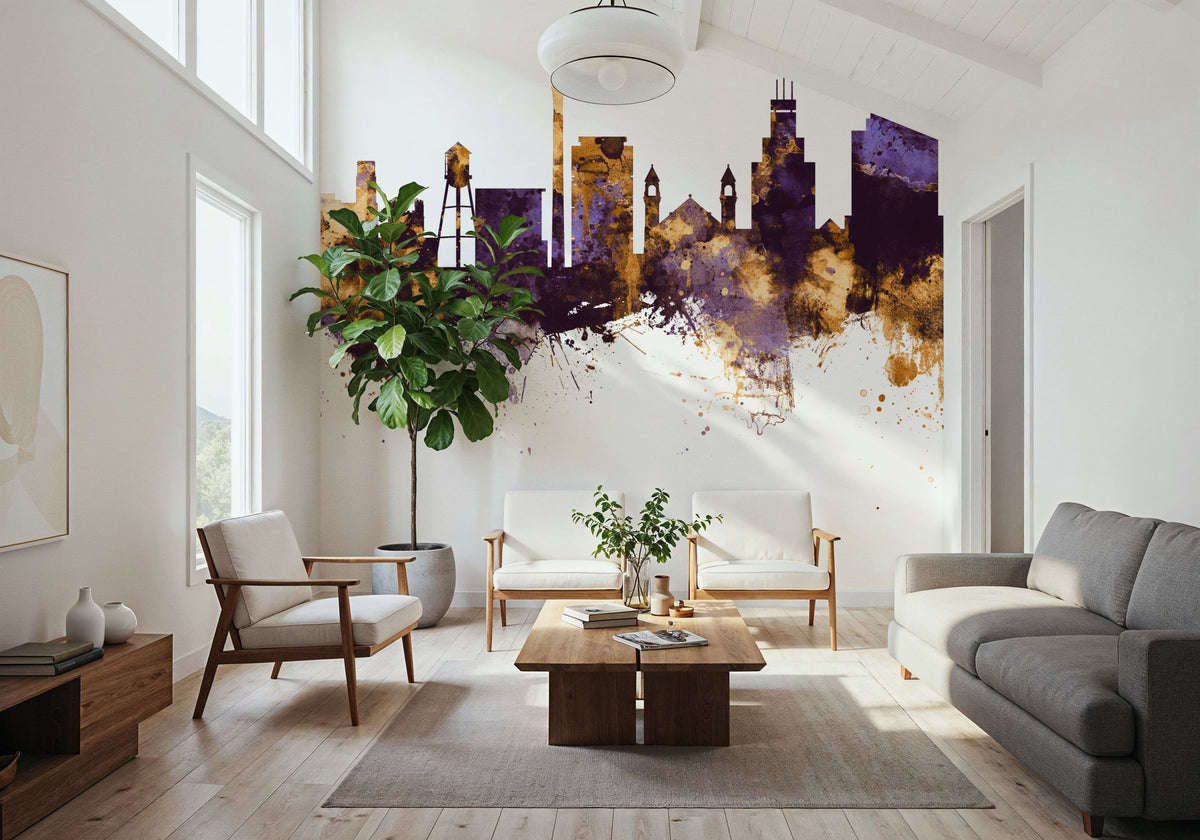 Durham North Carolina Skyline Purple & Gold Mural Wallpaper - room preview 06