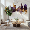 Durham North Carolina Skyline Purple & Gold Mural Wallpaper - room preview 06