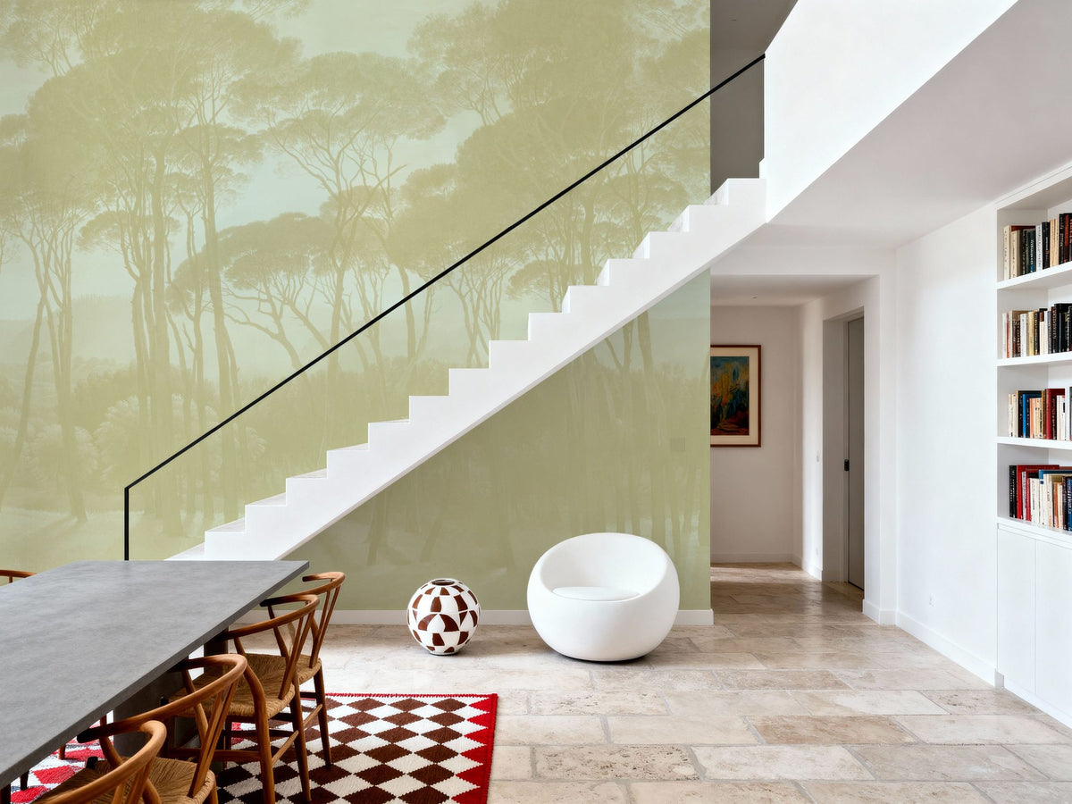 Mediterranean Pine Landscape, Greenish Beige Mural Wallpaper - room preview 06