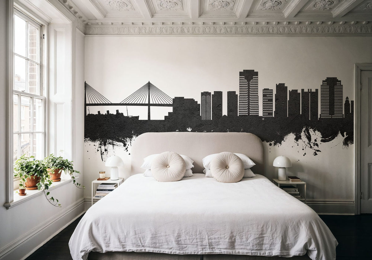 Long Beach California Skyline Black & White Mural Wallpaper - room preview 06