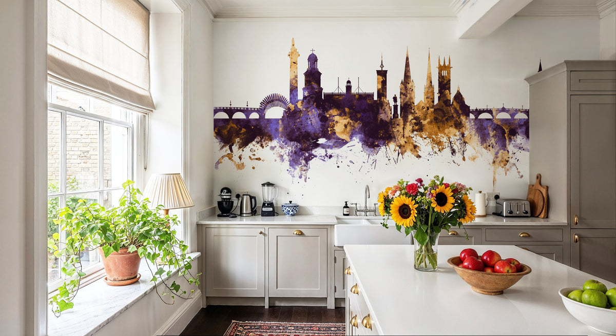 Shrewsbury England Skyline Purple & Gold Mural Wallpaper - room preview 06