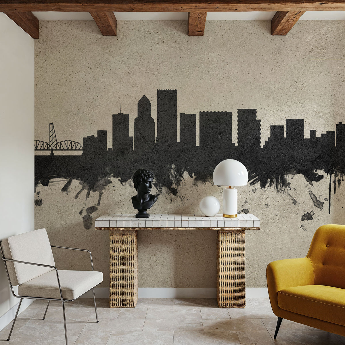 Portland Oregon Skyline Concrete Mural Wallpaper - room preview 06