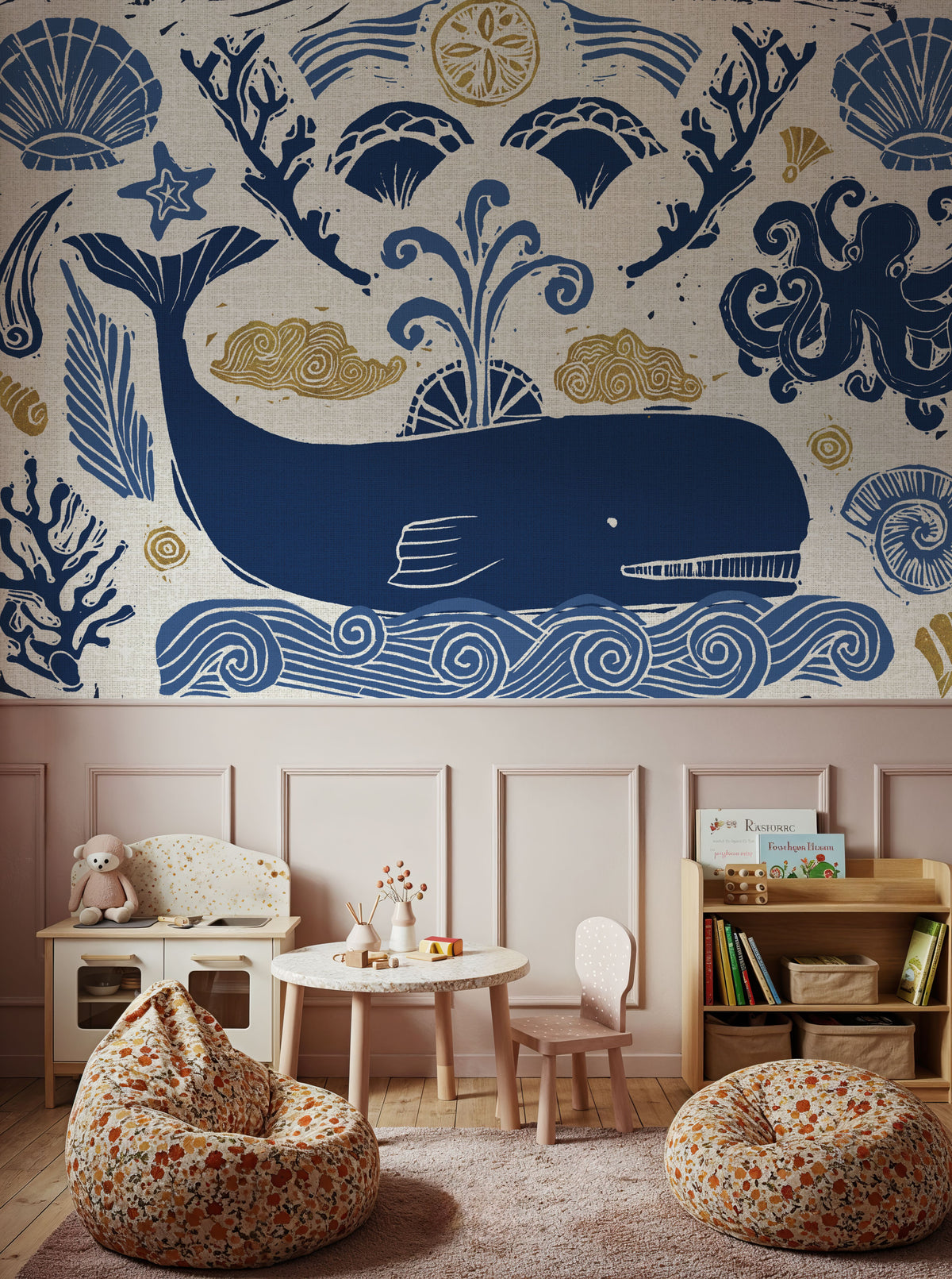 Whale Seas White Mural Wallpaper - room preview 06