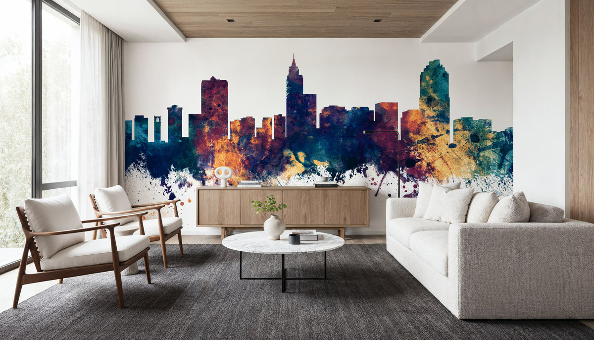 Raleigh North Carolina Skyline Blue & Bronze Mural Wallpaper - room preview 06
