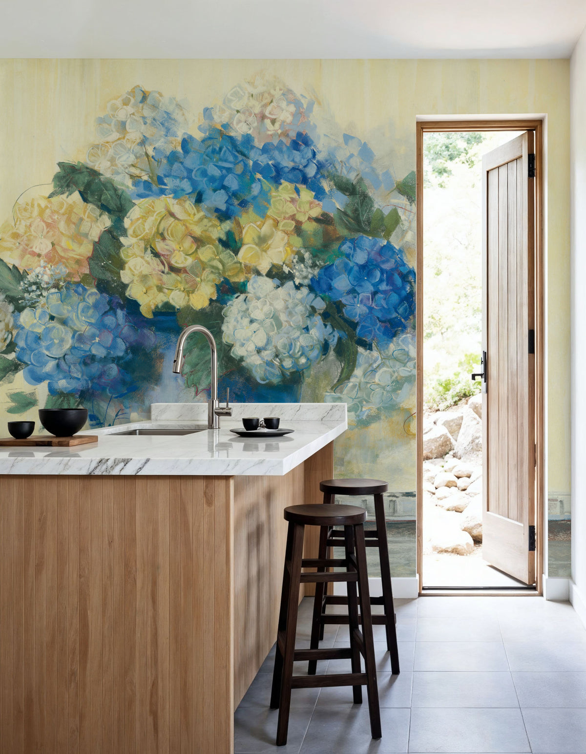 Blue Hydrangea Mural Wallpaper - Neutral Tone - room preview 06