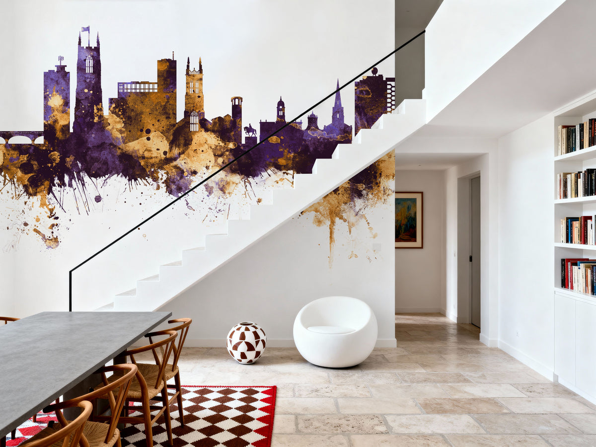 Derby England Skyline Purple & Gold Mural Wallpaper - room preview 06