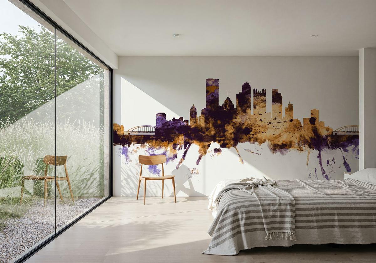 Pittsburg Pennsylvania Skyline Purple & Gold Mural Wallpaper - room preview 06