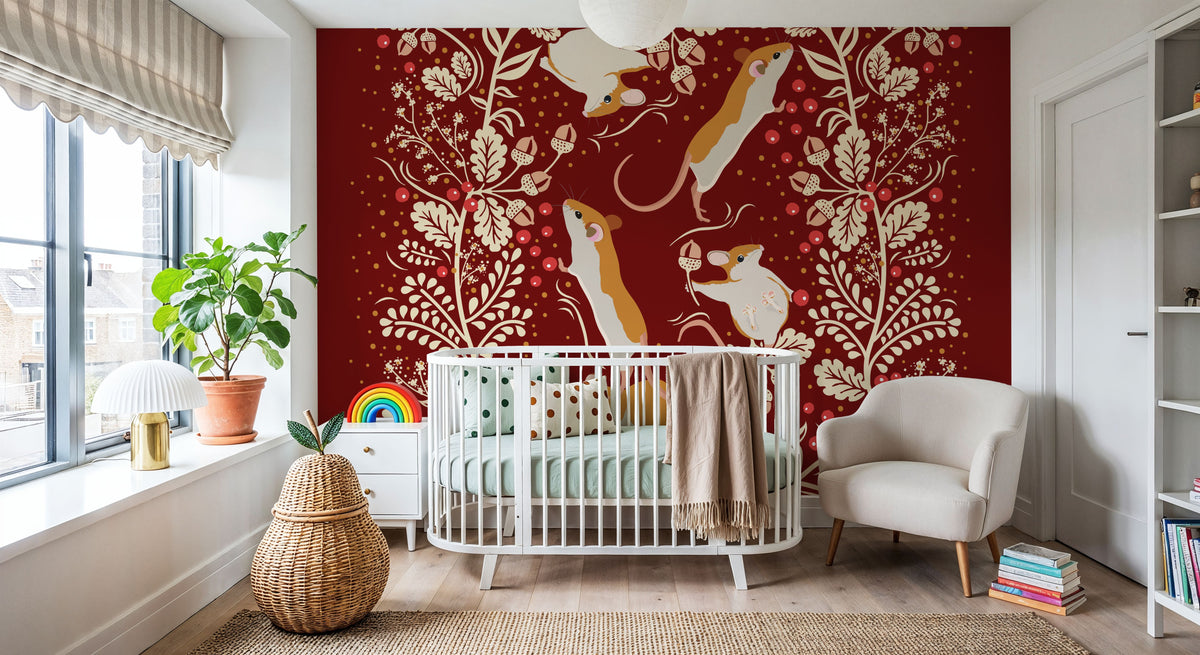 Holiday Mice, Red Mural Wallpaper - room preview 06