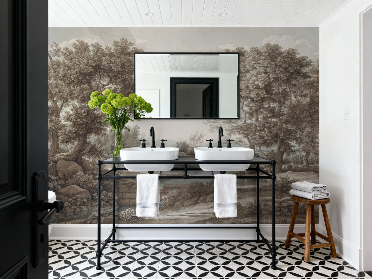 Riverbank Oak Landscape, Vintage Mural Wallpaper - room preview 06