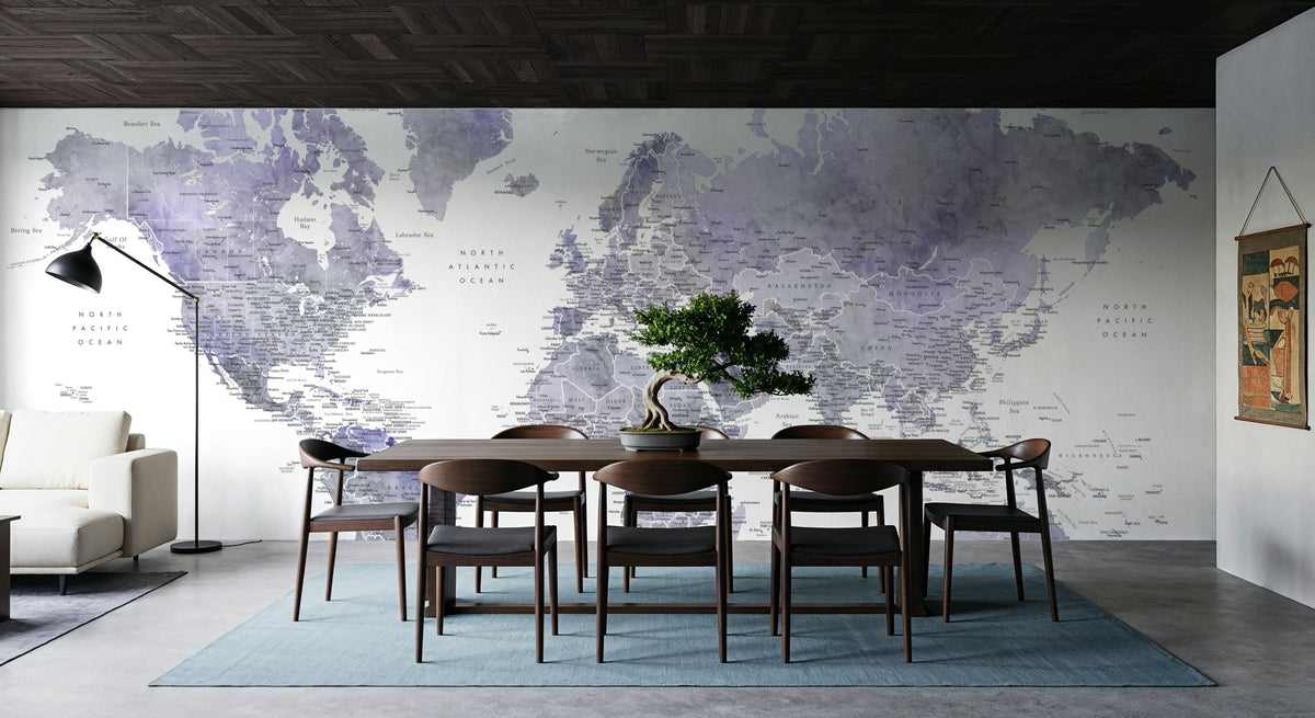 World Map Cities - Lilas Mural Wallpaper - room preview 06