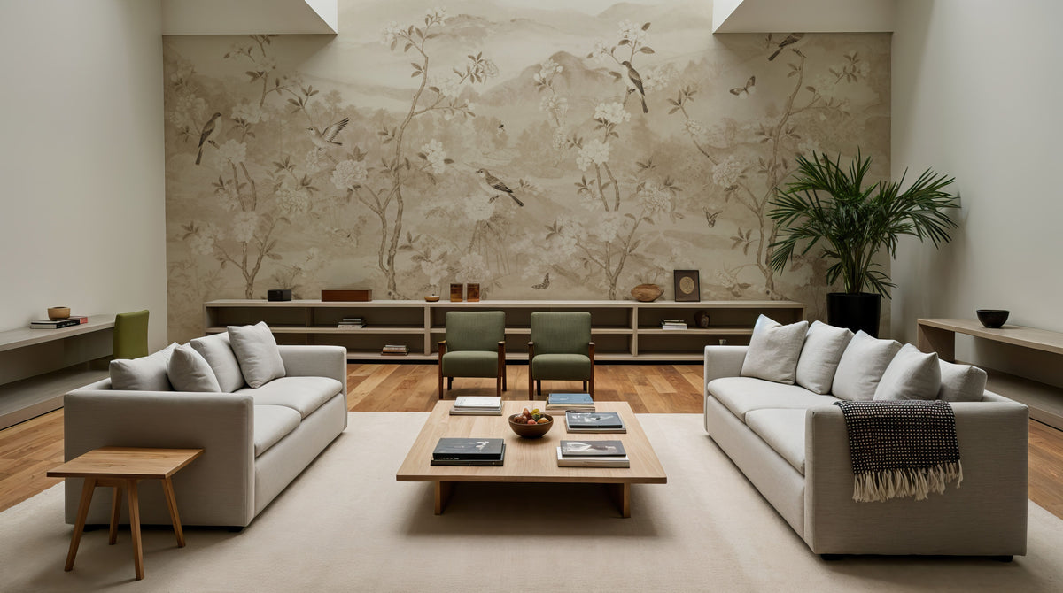 Peony Tree Landscape, Beige Mural Wallpaper - room preview 06