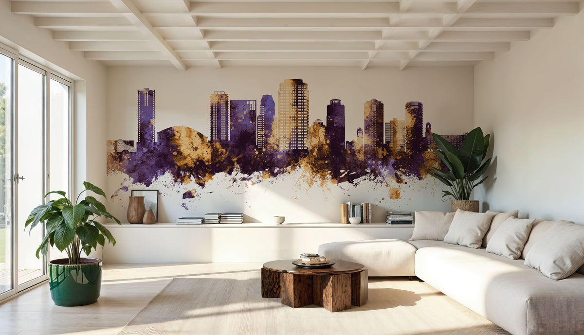 St Petersburg Florida Skyline Purple & Gold Mural Wallpaper - room preview 06