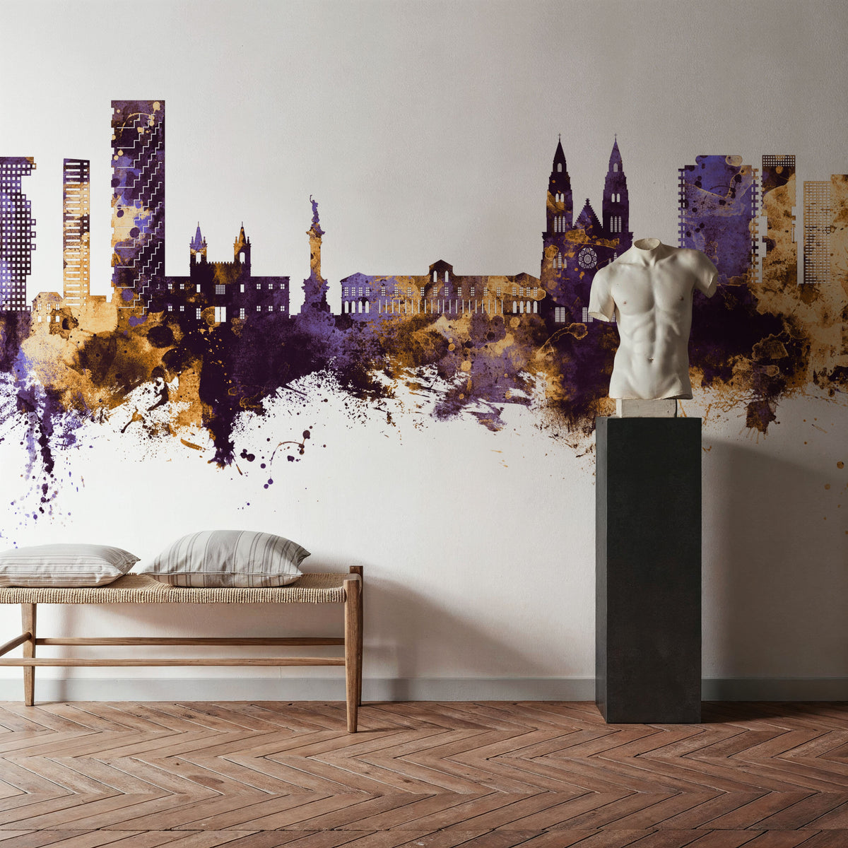Quito Ecuador Skyline Purple & Gold Mural Wallpaper - room preview 06