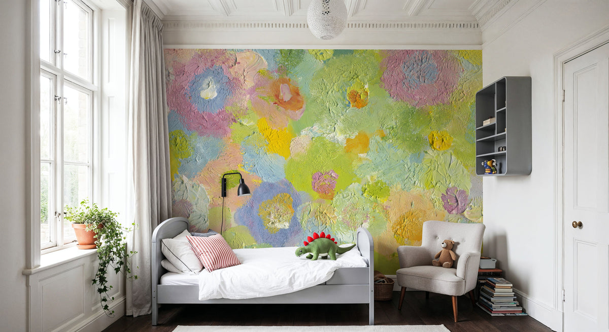 Happy Oil Painted Flowers, Green & Yellow Mural Wallpaper - room preview 06