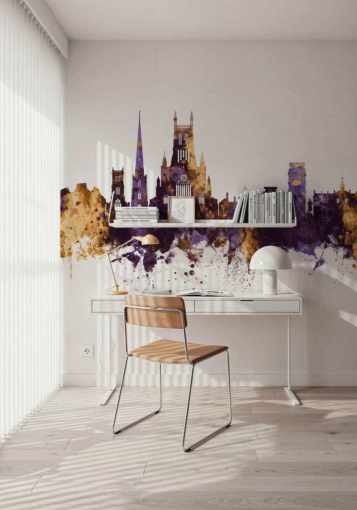 Worcester England Skyline Purple & Gold Mural Wallpaper - room preview 06