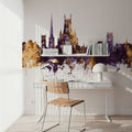 Worcester England Skyline Purple & Gold Mural Wallpaper - room preview 06