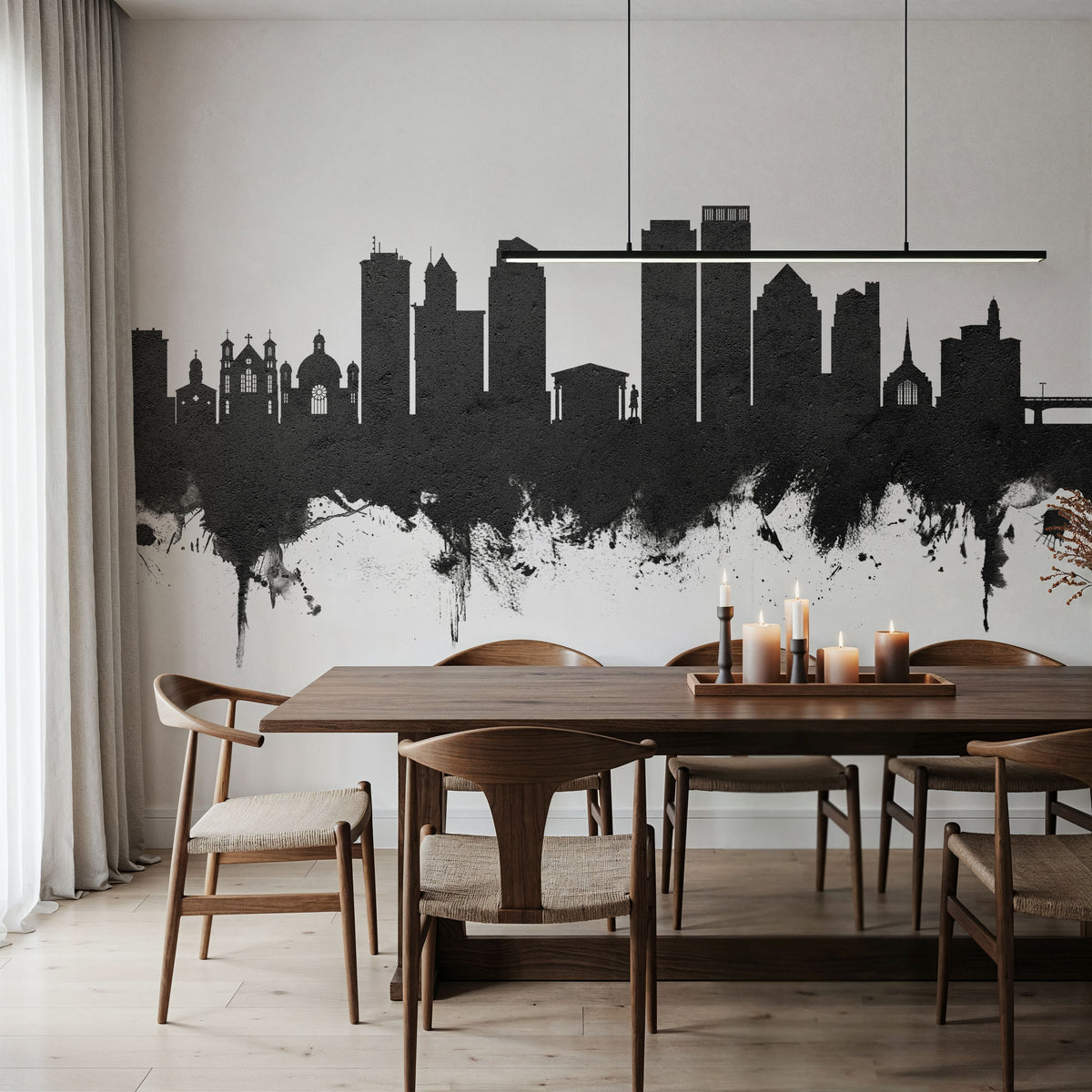 Dayton Ohio Skyline Black & White Mural Wallpaper - room preview 06