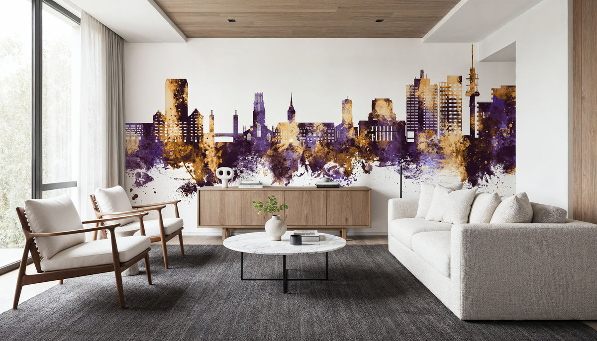 Duisburg Germany Skyline Purple & Gold Mural Wallpaper - room preview 06