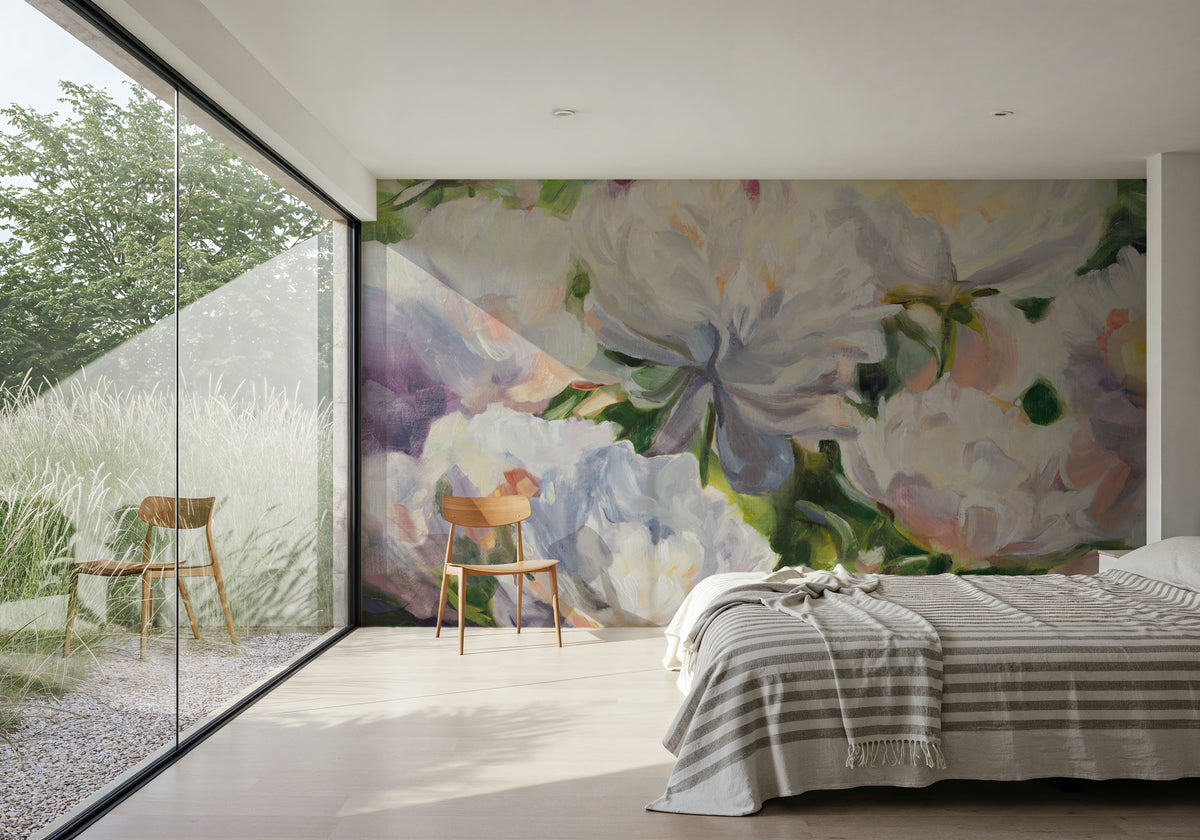 White Impressionistic Peonies Mural Wallpaper - room preview 06
