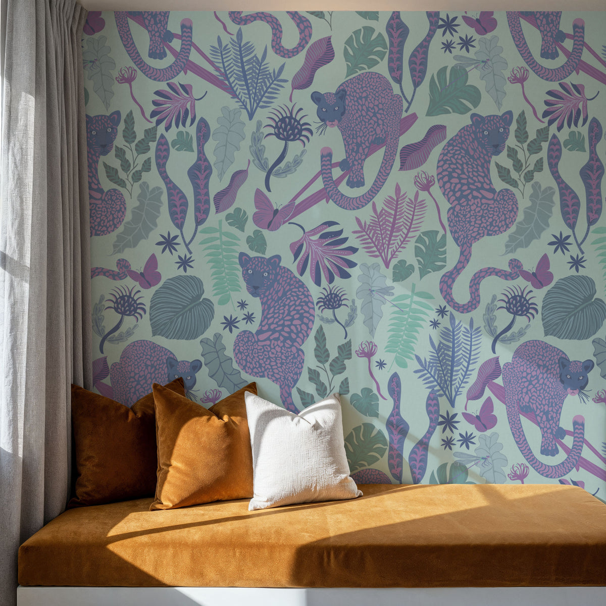Jungle Leopards Violet & Mint Mural Wallpaper - room preview 06