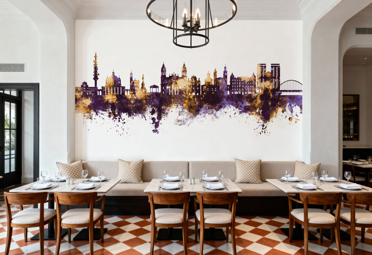 Pamplona Spain Skyline Purple & Gold Mural Wallpaper - room preview 06