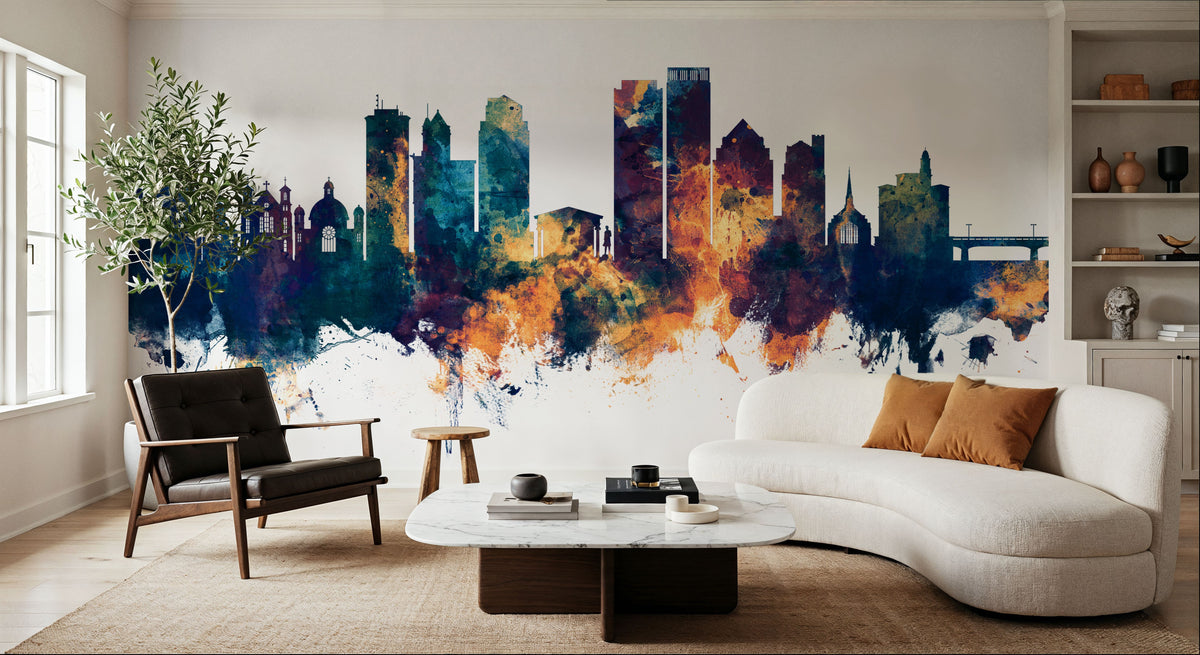 Dayton Ohio Skyline Blue & Bronze Mural Wallpaper - room preview 06