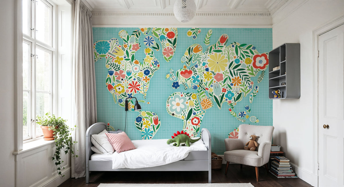 Floral World Blue Mural Wallpaper - room preview 06