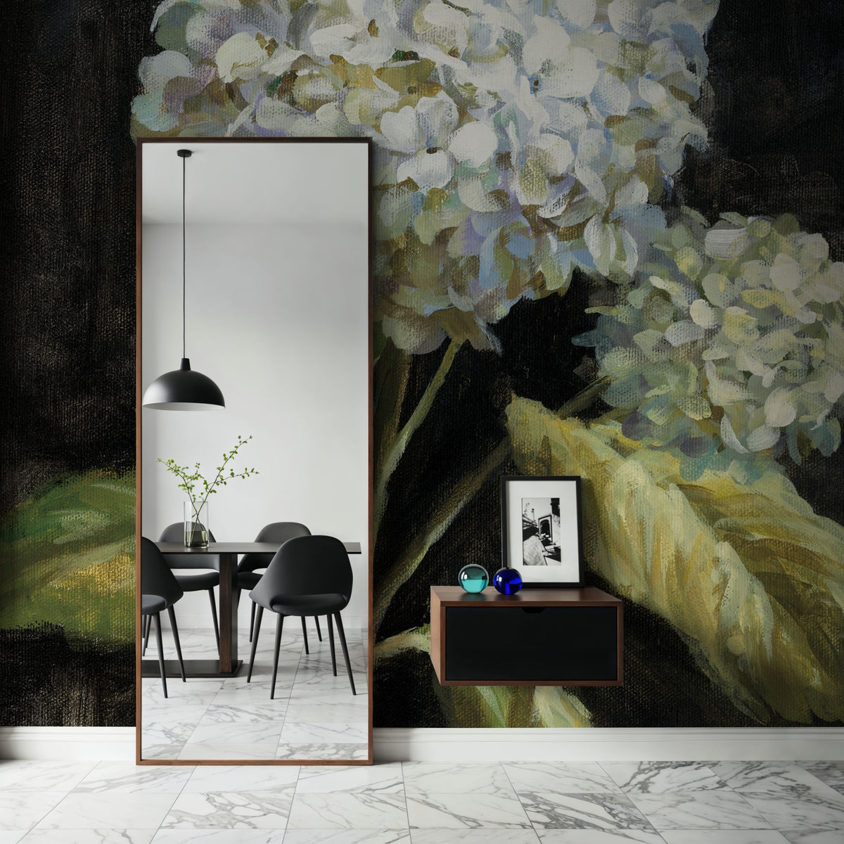 Hydrangea on Black Mural Wallpaper - room preview 06