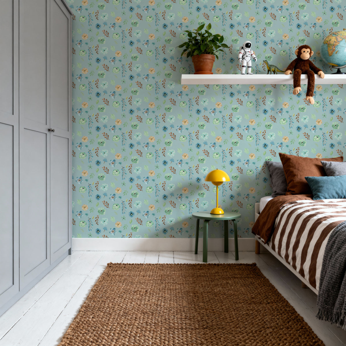 Flutterby Flowers Sky Blue Mural Wallpaper - room preview 06
