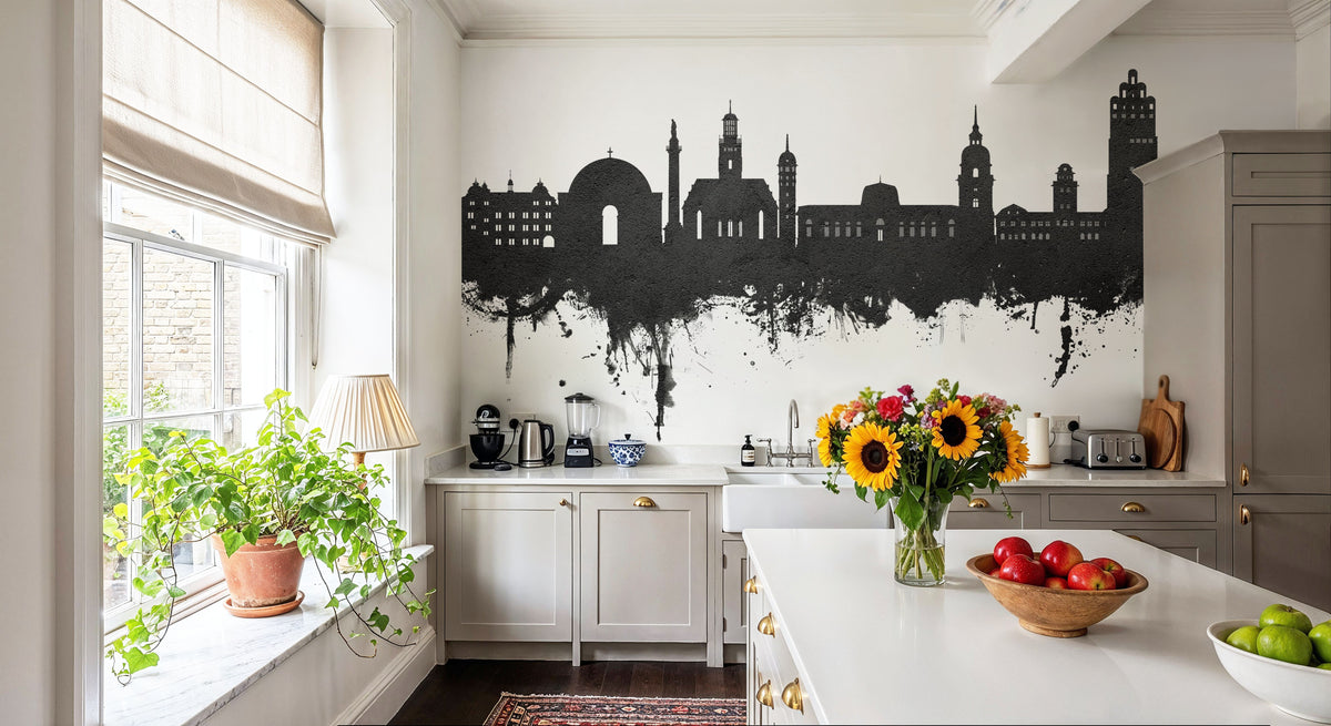 Darmstadt Skyline Black & White Mural Wallpaper - room preview 06