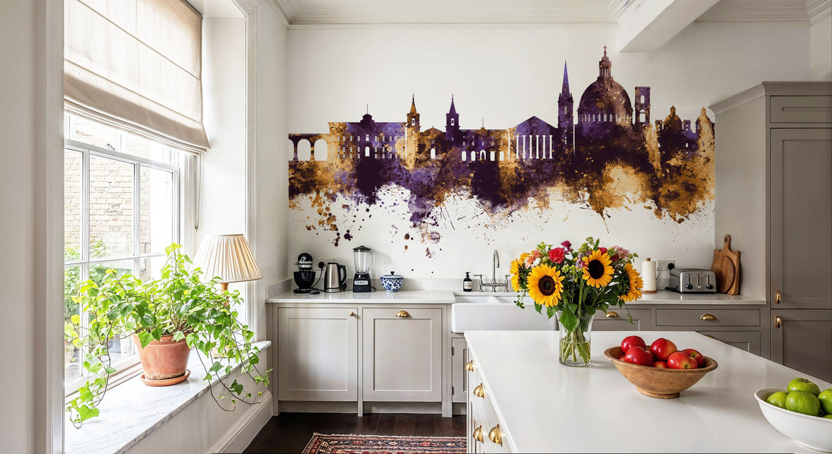 Valletta Malta Skyline Purple & Gold Mural Wallpaper - room preview 06