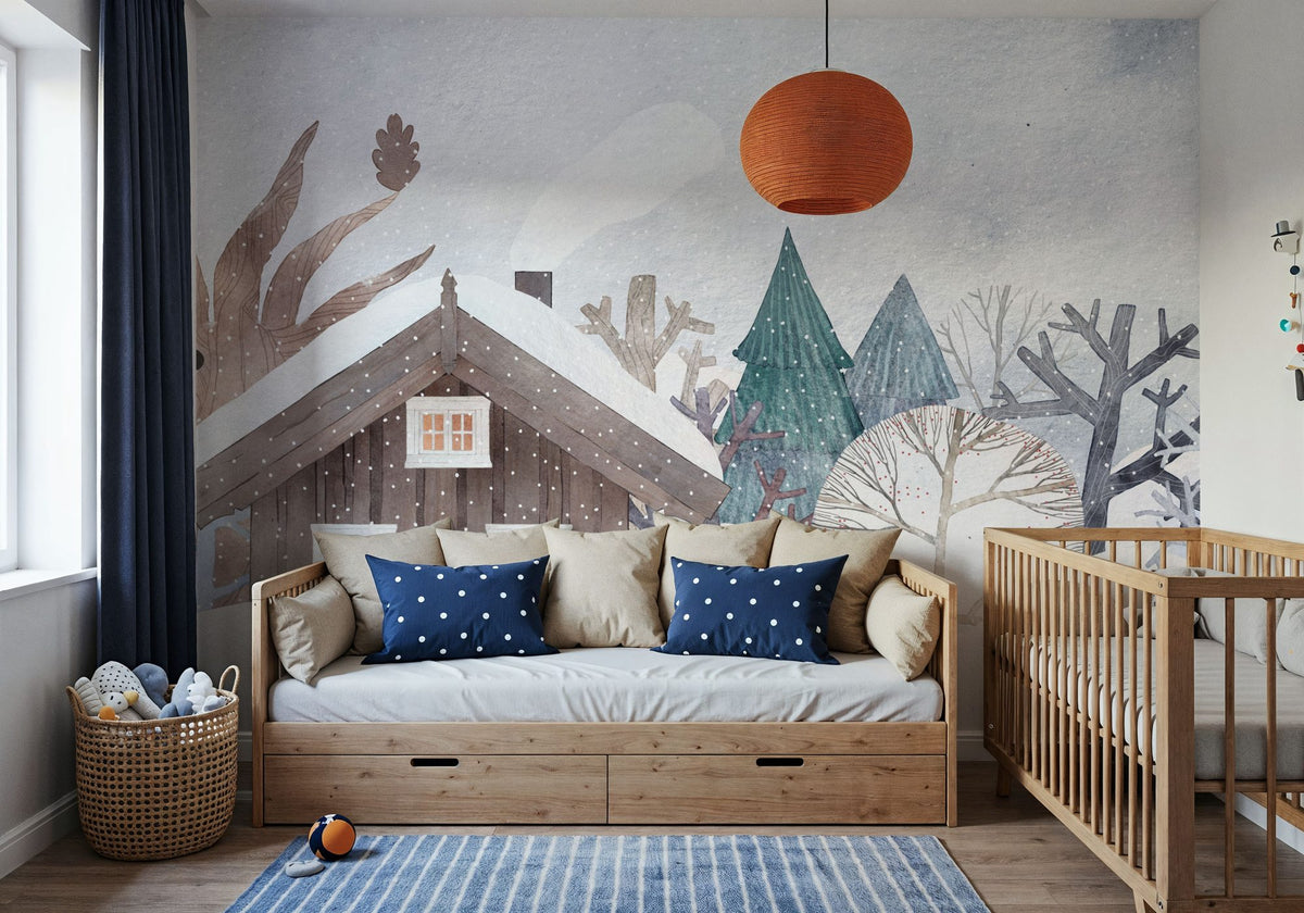 The Snowy Mountain Cabin Mural Wallpaper - room preview 06
