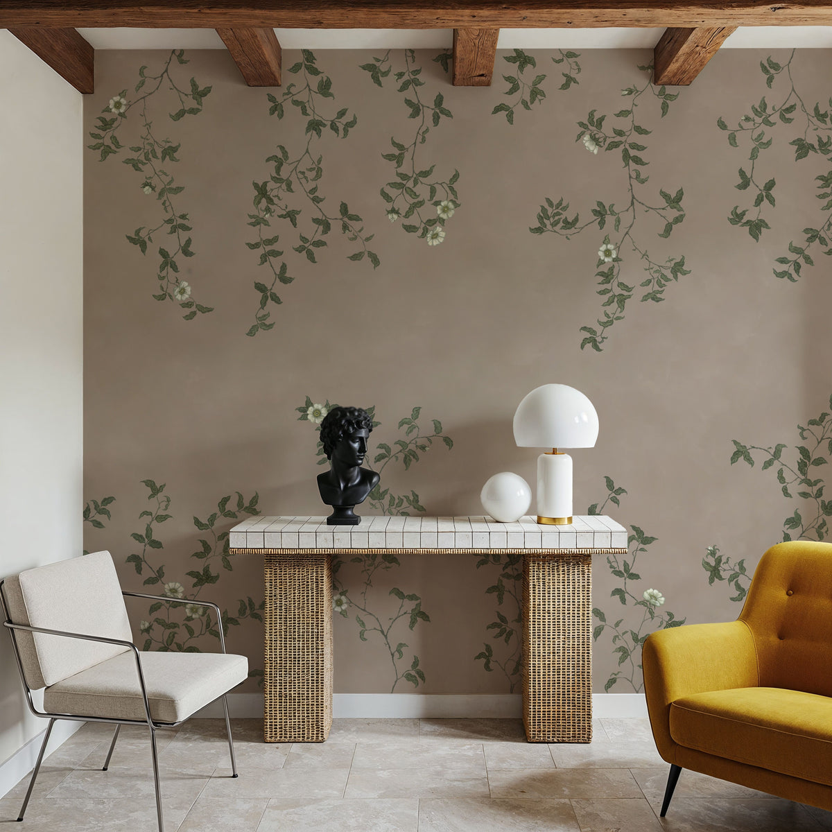 Rambling Rose, Ivory on Beige Mural Wallpaper - room preview 06