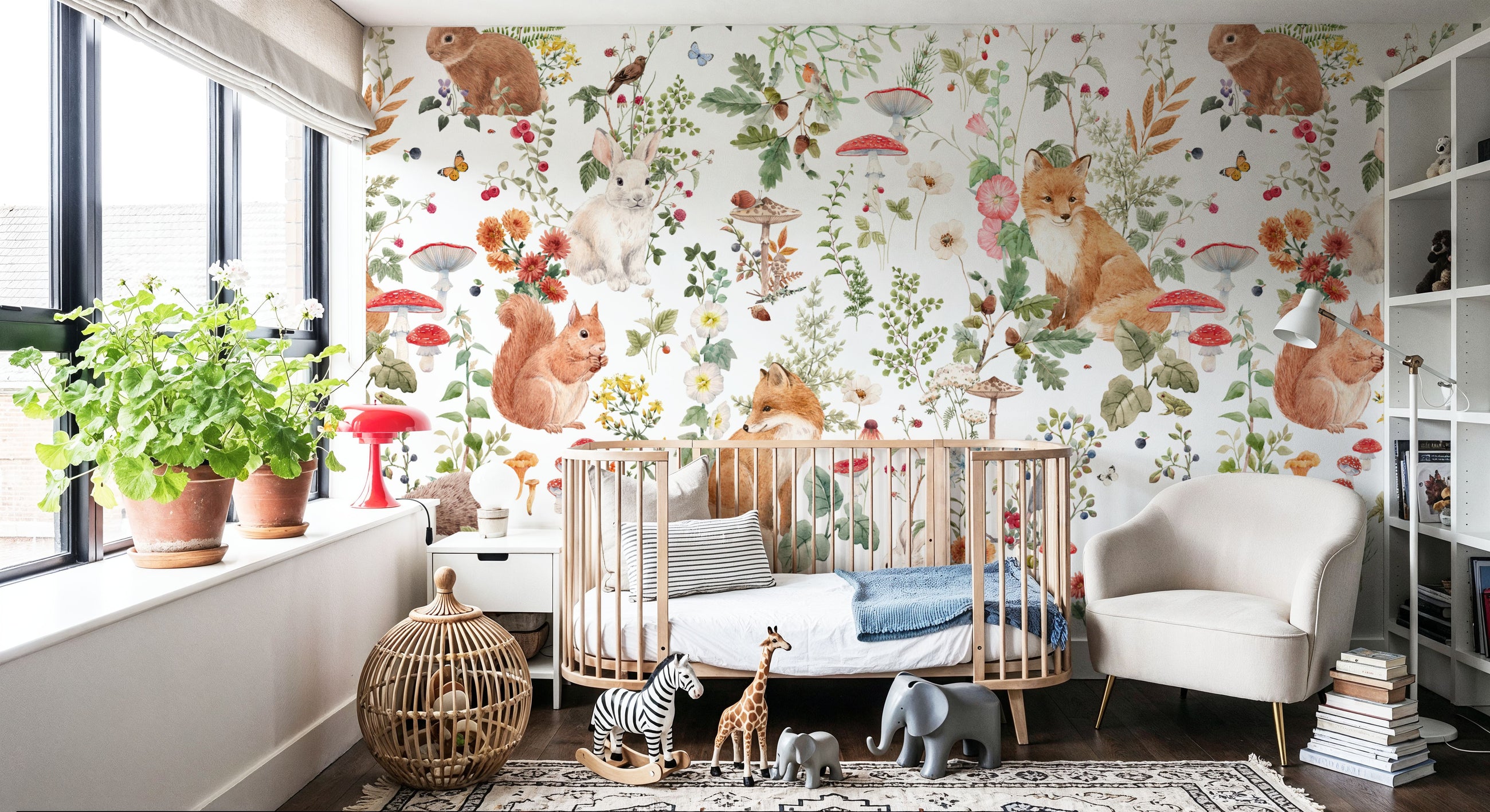 Baby Animals Nordic Fauna, White Mural Wallpaper