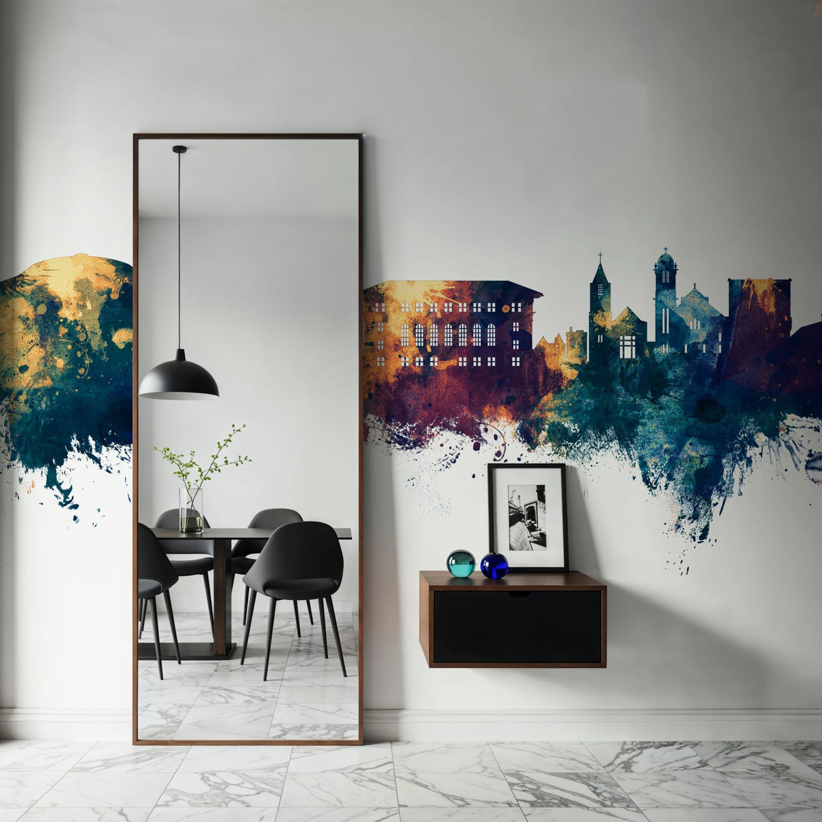 Cedar Falls Iowa Skyline Blue & Bronze Mural Wallpaper - room preview 06
