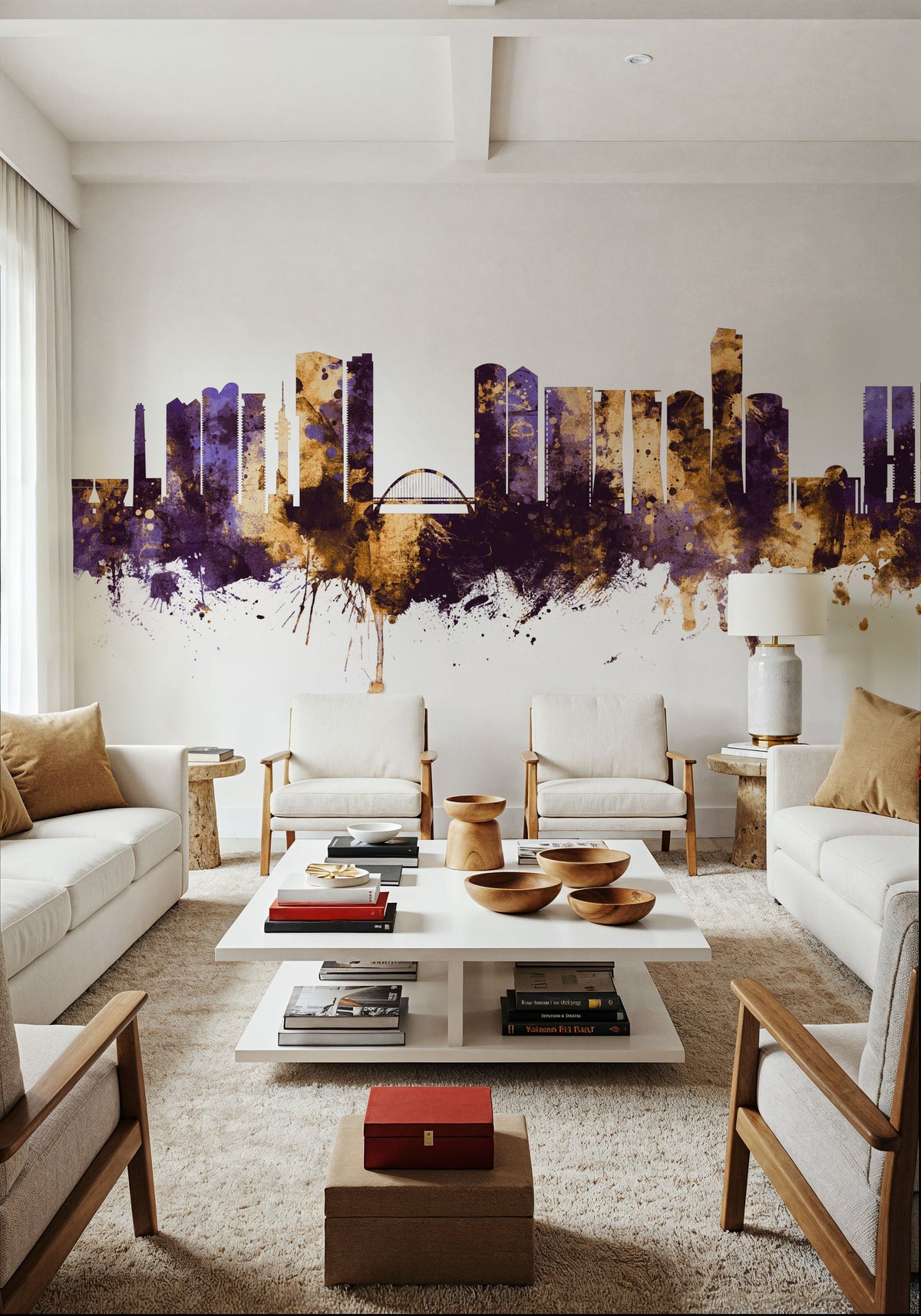 Tel Aviv Skyline Purple & Bronze Mural Wallpaper - room preview 06