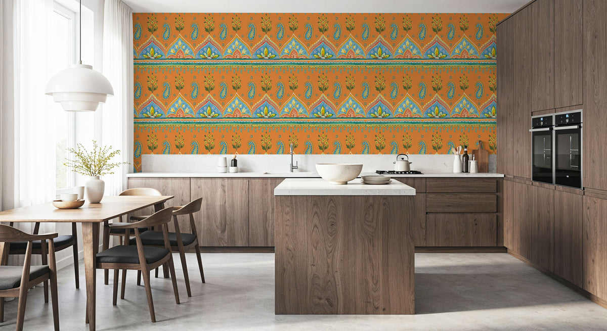 Floral Paisley Orange Mural Wallpaper - room preview 06