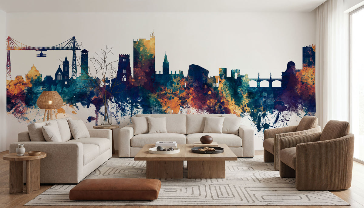 Newport Wales Skyline Blue & Bronze Mural Wallpaper - room preview 06