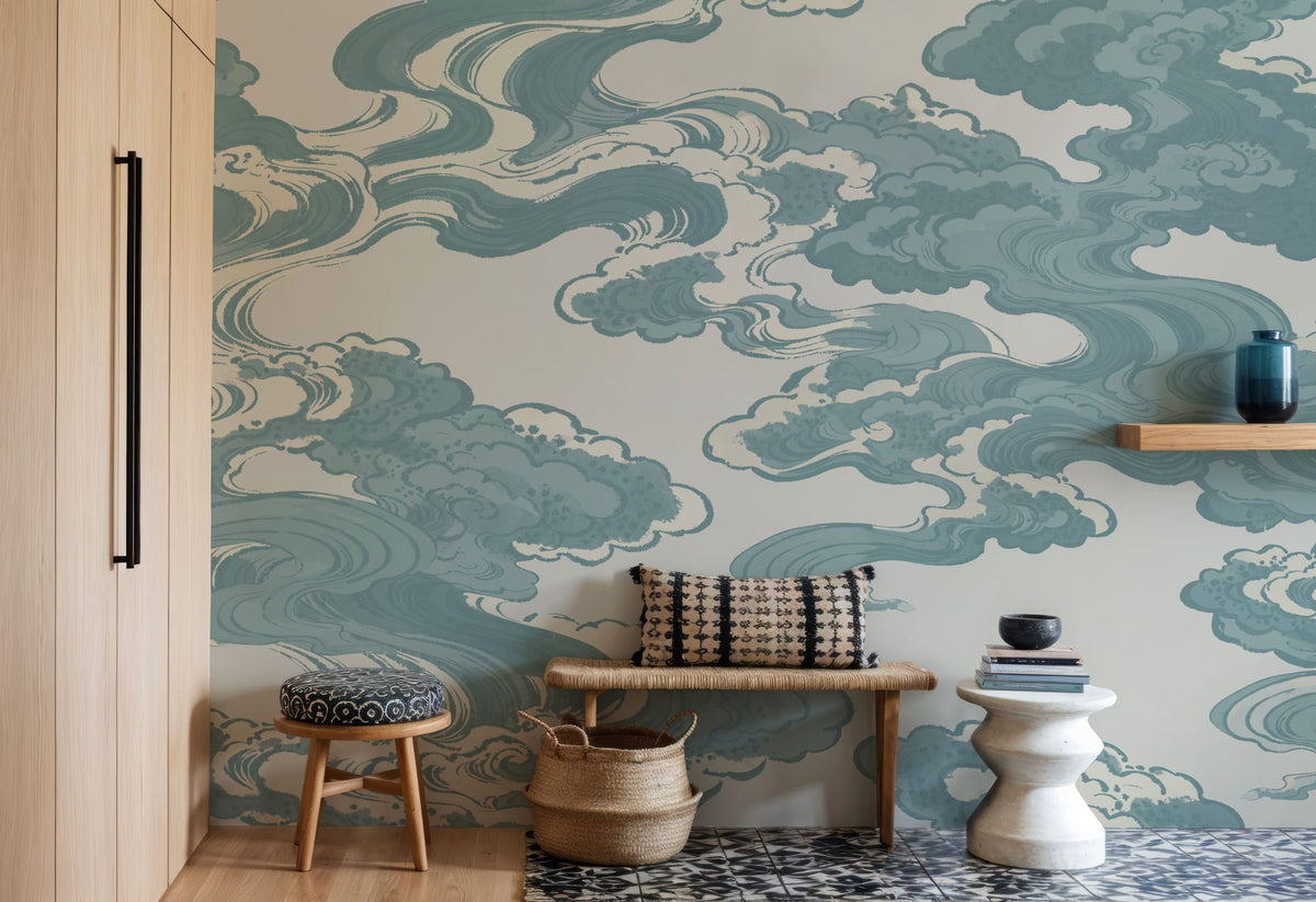 Ukiyo-e Clouds, Soft Teal Mural Wallpaper - room preview 06