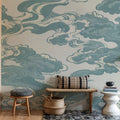 Ukiyo-e Clouds, Soft Teal Mural Wallpaper - room preview 06