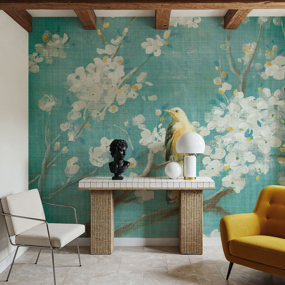 White Cherry Blossoms I on Blue Aged Mural Wallpaper - room preview 06