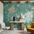 White Cherry Blossoms I on Blue Aged Mural Wallpaper - room preview 06