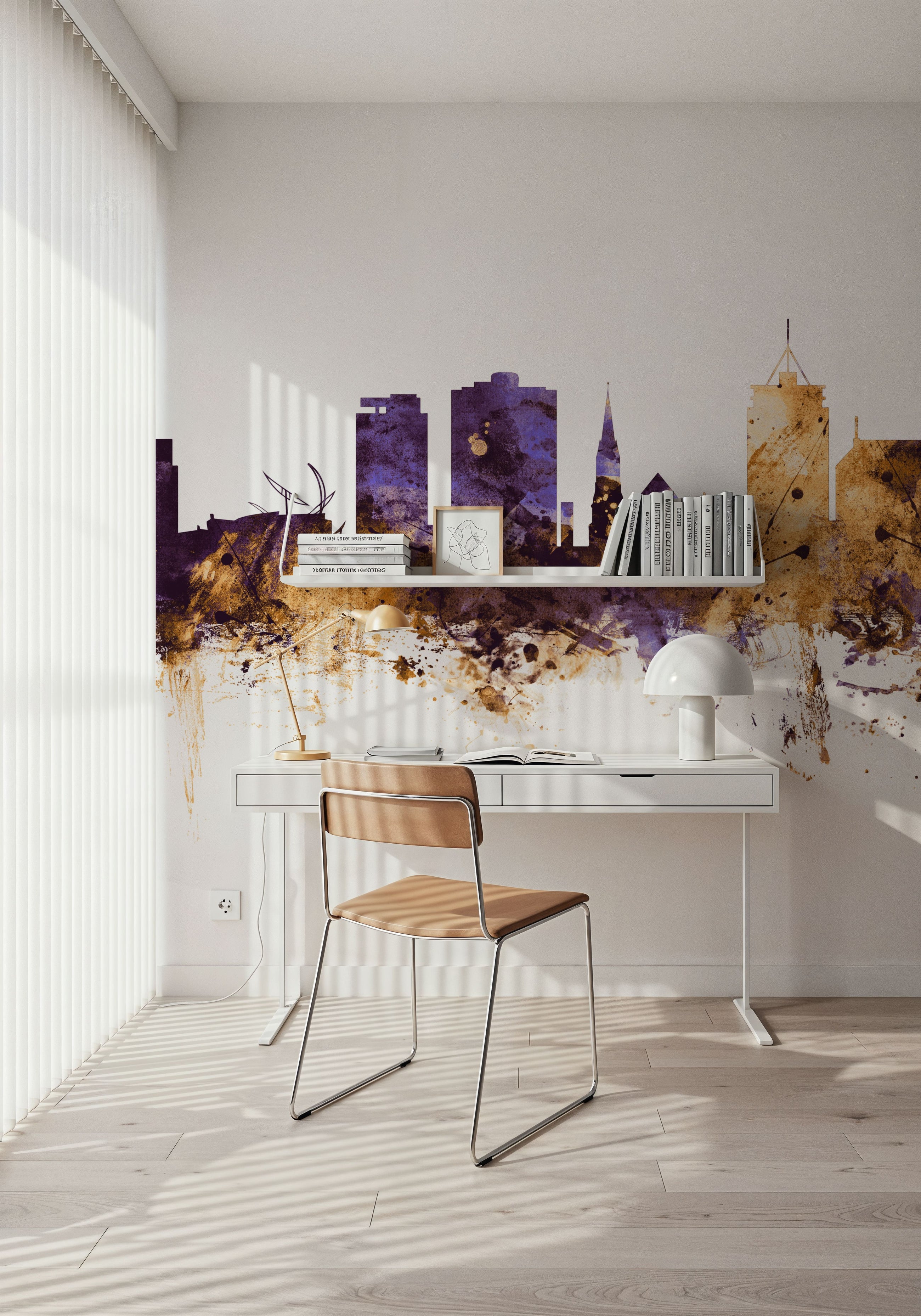 Christchurch New Zealand Skyline Purple & Gold Mural Wallpaper