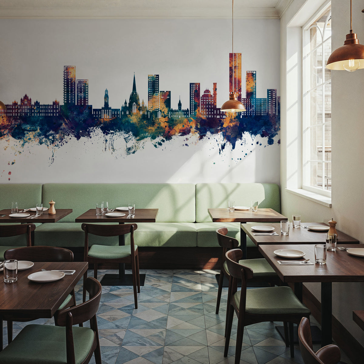 Salford England Skyline Blue & Bronze Mural Wallpaper - room preview 06